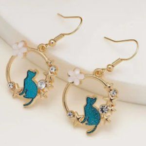 Cute Cat Earrings Geometric Circle Drop Gold Color Dangles